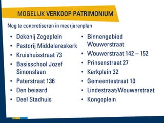 MOGELIJK VERKOOP PATRIMONIUM
Nog te concretiseren in meerjarenplan

Dekenij Zegeplein
Pastorij Middelareskerk
Kruishuisstraat 73
Basisschool Jozef
Simonslaan
• Paterstraat 136
• Den beiaard
• Deel Stadhuis
•
•
•
•

• Binnengebied
Wouwerstraat
• Wouwerstraat 142 – 152
• Prinsenstraat 27
• Kerkplein 32
• Gemeentestraat 10
• Lindestraat/Wouwerstraat
• Kongoplein

 