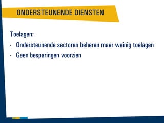 ONDERSTEUNENDE DIENSTEN
Toelagen:
- Ondersteunende sectoren beheren maar weinig toelagen
- Geen besparingen voorzien

 