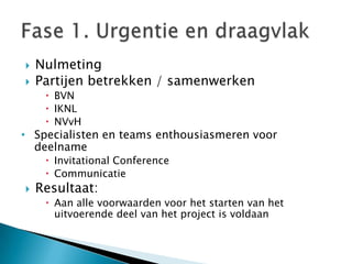    Nulmeting
   Partijen betrekken / samenwerken
      BVN
      IKNL
      NVvH
• Specialisten en teams enthousiasmeren voor
  deelname
      Invitational Conference
      Communicatie
   Resultaat:
      Aan alle voorwaarden voor het starten van het
       uitvoerende deel van het project is voldaan
 