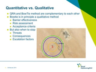 Quantitative vs. Qualitative





12

QRA and BowTie method are complementary to each other
Bowtie is in principle a qualitative method
 Barrier effectiveness
 Risk assessment
 Acceptance criteria
But also when to stop
 Threats
 Consequences
 Escalation factors

04 februari 2014

 