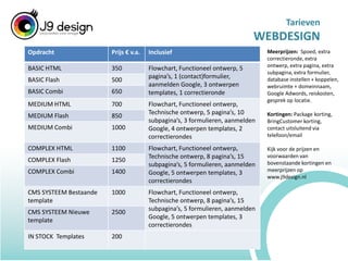 Drukken door drukker verzorgd door J9 designMeerprijzen : Spoed, extra correctieronde,  extra ontwerp, losse aanpassing aan Word-sjabloon,  reiskosten, gesprek op locatie.Kortingen : Package korting, BringCustomer Korting,  Design only (niet laten drukken), contact uitsluitend via telefoon/email,  bestaand logo vernieuwen