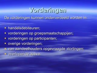 Vorderingen   De vorderingen kunnen onderverdeeld worden in: handelsdebiteuren; vorderingen op groepsmaatschappijen; vorderingen op participanten; overige vorderingen; van aandeelhouders opgevraagde stortingen; overlopende activa. 
