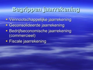 Begrippen jaarrekening Vennootschappelijke jaarrekening Geconsolideerde jaarrekening Bedrijfseconomische jaarrekening (commercieel) Fiscale jaarrekening 
