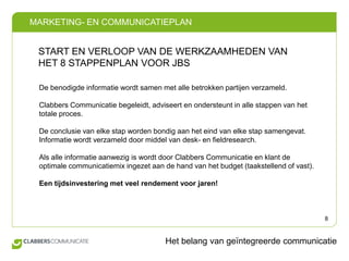 START EN VERLOOP VAN DE WERKZAAMHEDEN VAN HET 8 STAPPENPLAN VOOR JBSDe benodigde informatie wordt samen met alle betrokken partijen verzameld.Clabbers Communicatie begeleidt, adviseert en ondersteunt in alle stappen van het totale proces.De conclusie van elke stap worden bondig aan het eind van elke stap samengevat.Informatie wordt verzameld door middel van desk- en fieldresearch.Als alle informatie aanwezig is wordt door Clabbers Communicatie en klant de optimale communicatiemix ingezet aan de hand van het budget (taakstellend of vast).Een tijdsinvestering met veel rendement voor jaren!