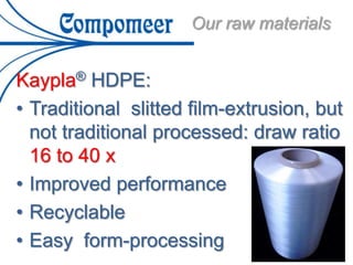 Kaypla® HDPE:
• Traditional slitted film-extrusion, but
not traditional processed: draw ratio
16 to 40 x
• Improved performance
• Recyclable
• Easy form-processing
Our raw materials
 