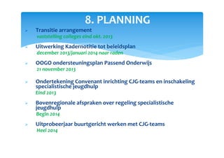 8. PLANNING
Transitie arrangement
vaststelling colleges eind okt. 2013
Uitwerking Kadernotitie tot beleidsplan
december 2013/januari 2014 naar raden
OOGO ondersteuningsplan Passend Onderwijs
21 november 2013
Ondertekening Convenant inrichting CJG-teams en inschakeling
specialistische jeugdhulp
Eind 2013
Bovenregionale afspraken over regeling specialistische
jeugdhulp
Begin 2014
Uitprobeerjaar buurtgericht werken met CJG-teams
Heel 2014
 