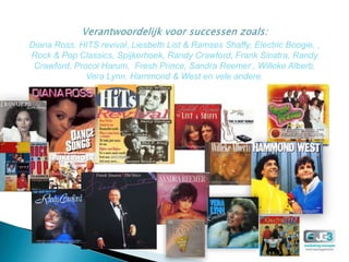 Diana Ross, HITS revival, Liesbeth List & Ramses Shaffy, Electric Boogie, ,
Rock & Pop Classics, Spijkerhoek, Randy Crawford, Frank Sinatra, Randy
 Crawford, Procol Harum, Fresh Prince, Sandra Reemer , Willeke Alberti,
              Vera Lynn, Hammond & West en vele andere.
 