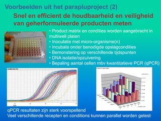 Snel en efficient de houdbaarheid en veiligheid
van geherformuleerde producten meten
week
0
week
1
week
2
week
3
week
4
week
8
cond. 1
cond. 2
cond. 3
cond. 4
cond. 5
cond. 6
1.E+00
1.E+02
1.E+04
1.E+06
1.E+08
1.E+10
1.E+12
qPCR cell count
incubation time
Listeria in meat matrix
• Product matrix en condities worden aangebracht in
multiwell platen
• Inoculatie met micro-organisme(n)
• Incubate onder benodigde opslagcondities
• Bemonstering op verschillende tijdspunten
• DNA isolatie/opzuivering
• Bepaling aantal cellen mbv kwantitatieve PCR (qPCR)
qPCR resultaten zijn sterk voorspellend
Veel verschillende recepten en conditions kunnen parallel worden getest
Voorbeelden uit het parapluproject (2)
9
 