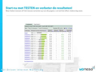 Start nu met TESTEN en verbeter de resultaten!Waar haken mensen af? Zet nieuwe varianten op van die pagina´s en test het effect. Iedere dag weer. 