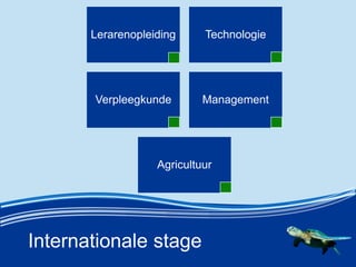 Internationale stage
Lerarenopleiding Technologie
Verpleegkunde Management
Agricultuur
 