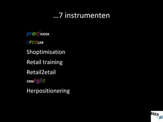 … 7 instrumenten pr o e f KIOSK c r e a LAB Shoptimisation   Retail training Retail2etail CRM l i g h t   Herpositionering 1. 2. 3. 4. 5. 6. 7. Demonstratie Management instrument Management instrument Management instrument Management instrument Management instrument Transformatie 