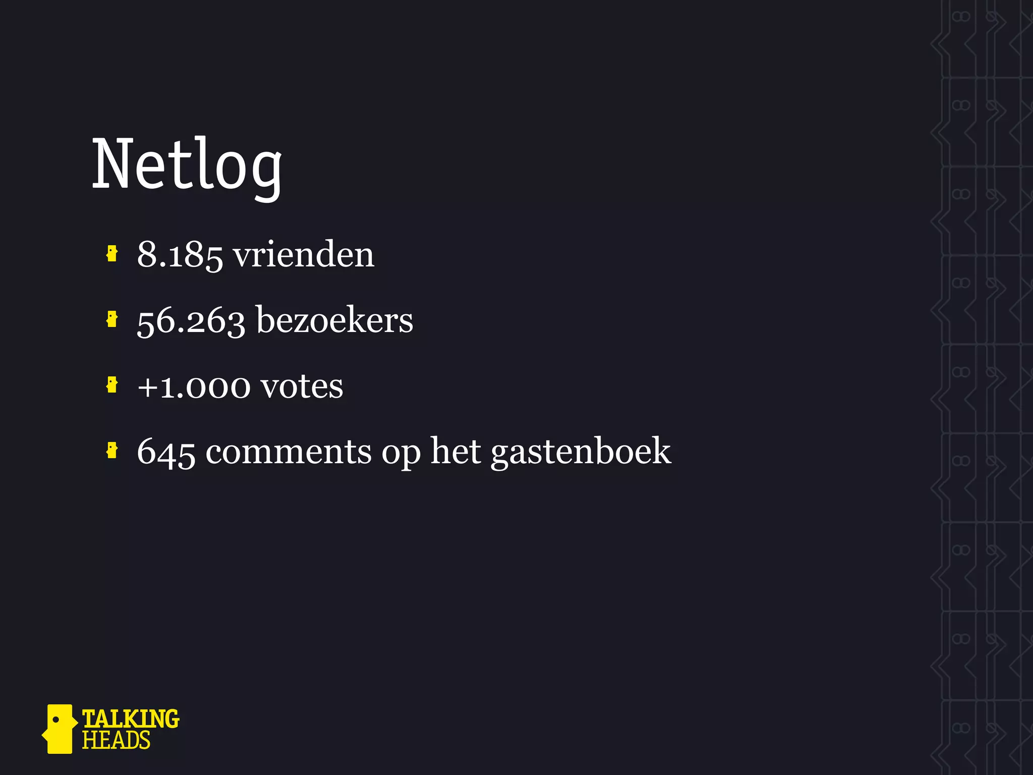 Netlog
 8.185 vrienden
 56.263 bezoekers
 +1.000 votes
 645 comments op het gastenboek
 