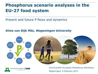 Phosphorus scenario analyses in the
EU-27 food system
Present and future P flows and dynamics
Kimo van Dijk MSc, Wageningen University
2nd Scientific European Phosphorus Workshop,
Wageningen, 6 February 2013
 