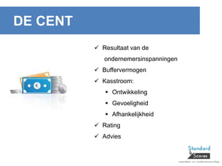 DE CENT
 Resultaat van de
ondernemersinspanningen
 Buffervermogen
 Kasstroom:
 Ontwikkeling
 Gevoeligheid
 Afhankelijkheid
 Rating
 Advies
 
