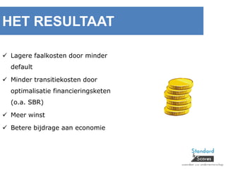 HET RESULTAAT
 Lagere faalkosten door minder
default
 Minder transitiekosten door
optimalisatie financieringsketen
(o.a. SBR)
 Meer winst
 Betere bijdrage aan economie
 