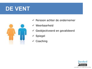 DE VENT
 Persoon achter de ondernemer
 Weerbaarheid
 Geobjectiveerd en gevalideerd
 Spiegel
 Coaching
 