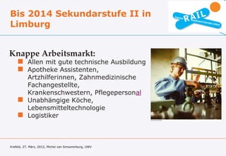 Bis 2014 Sekundarstufe II in
Limburg


Knappe Arbeitsmarkt:
     Allen mit gute technische Ausbildung
     Apotheke Assistenten,
      Artzhilferinnen, Zahnmedizinische
      Fachangestellte,
      Krankenschwestern, Pflegepersonal
     Unabhängige Köche,
      Lebensmitteltechnologie
     Logistiker



Krefeld, 27. März, 2012, Michel van Smoorenburg, UWV
 