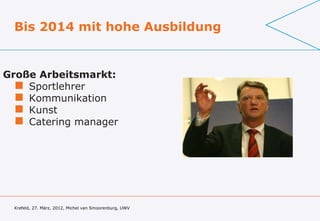 Bis 2014 mit hohe Ausbildung


Große Arbeitsmarkt:
   Sportlehrer
   Kommunikation
   Kunst
   Catering manager




 Krefeld, 27. März, 2012, Michel van Smoorenburg, UWV
 