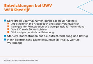 Entwicklungen bei UWV
WERKbedrijf

 Sehr große Sparmaßnamen durch das neue Kabinett
          Arbeitnemher and Arbeitgeber sind selbst verantwortlich
          Kein geld für Reïntegration und weniger geld für Vermittlung
          Von 130 nach 30 Werkpleinen
          Viel weniger persönliche Betreuung
 Stärkere Konzentration auf die Aufrechterhaltung und Betrug
 Mehr Elektronische Dienstleistungen (E-intake, werk.nl,
  WERKmap)




Krefeld, 27. März, 2012, Michel van Smoorenburg, UWV
 