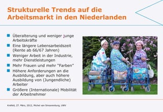 Strukturelle Trends auf die
Arbeitsmarkt in den Niederlanden

 Überalterung und weniger junge
  Arbeitskräfte
 Eine längere Lebensarbeidszeit
  (Rente ab 66/67 Jahren)
 Weniger Arbeit in der Industrie,
  mehr Dienstleistungen
 Mehr Frauen und mehr “Farben”
 Höhere Anforderungen an die
  Ausbildung, aber auch höhere
  Ausbildung von (Jungendliche)
  Arbeiter
 Größere (Internationale) Mobilität
  der Arbeitnehmer

Krefeld, 27. März, 2012, Michel van Smoorenburg, UWV
 