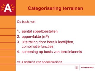 Categorisering terreinen

Op basis van


1. aantal speeltoestellen
2. oppervlakte (m²)
3. uitstraling door bereik leeftijden,
   combinatie functies
4. screening op basis van terreinkennis

=> 4 schalen van speelterreinen
 