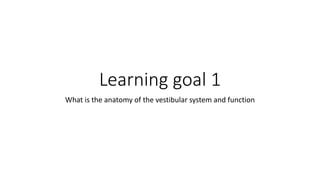 Learning goal 1
What is the anatomy of the vestibular system and function
 