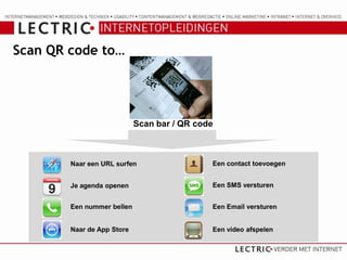 Scan QR code to…




                            Scan bar / QR code



        Naar een URL surfen                  Een contact toevoegen


        Je agenda openen                     Een SMS versturen


        Een nummer bellen                    Een Email versturen


        Naar de App Store                    Een video afspelen
 