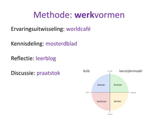 Methode: werkvormen
Ervaringsuitwisseling: worldcafé
Kennisdeling: mosterdblad
Reflectie: leerblog
Discussie: praatstok
 