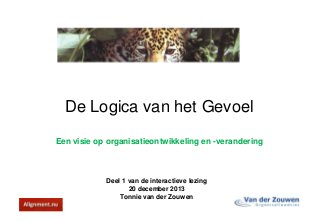 De Logica van het Gevoel
Een visie op organisatieontwikkeling en -verandering

Deel 1 van de interactieve lezing
20 december 2013
Tonnie van der Zouwen

 