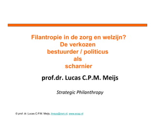 © prof. dr. Lucas C.P.M. Meijs, lmeys@rsm.nl. www.ecsp.nl
prof.dr. Lucas C.P.M. Meijs
Strategic Philanthropy
Filantropie in de zorg en welzijn?
De verkozen
bestuurder / politicus
als
scharnier
 