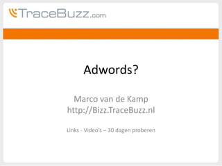 Adwords? Marco van de Kamp http://Bizz.TraceBuzz.nl Links - Video’s – 30 dagen proberen 