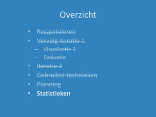 Overzicht
• Recapituleren
• Vervolg iteratie 1
– Visualisatie 3
– Evaluatie
• Iteratie 2
• Gebruikte technieken
• Planning
• Statistieken
 