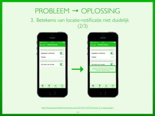 14
PROBLEEM → OPLOSSING
3. Betekenis van locatie-notiﬁcatie niet duidelijk
(2/3)
→
http://thesisquantiﬁedself.wordpress.com/2014/01/18/39-iteratie-3-3-oplossingen/
 