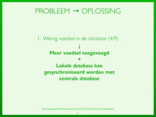 21
PROBLEEM → OPLOSSING
1. Weinig voedsel in de database (4/9)	

↓	

Meer voedsel toegevoegd
+
Lokale database kan
gesynchroniseerd worden met
centrale database
http://thesisquantiﬁedself.wordpress.com/2014/03/11/48-iteratie-4-3-oplossingen/
 