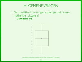 26
ALGEMENEVRAGEN
• De moeilijkheid van badges is goed gespreid tussen
makkelijk en uitdagend	

‣ Gemiddeld 4/5
http://thesisquantiﬁedself.wordpress.com/2014/03/11/47-iteratie-4-2-resultaten/
 