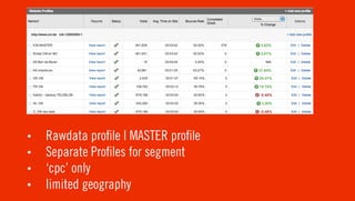 •   Rawdata pro le | MASTER pro le
•   Separate Pro les for segment
•   ‘cpc’ only
•   limited geography
 