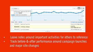 •   Leave notes around important activities for others to reference
•   Track before-&-after performance around campaign launches
    and major site changes
 
