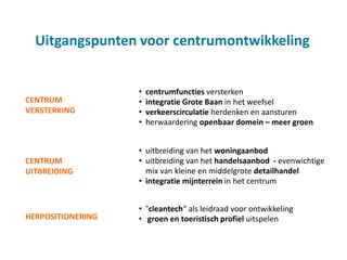 Uitgangspunten voor centrumontwikkeling


                   •   centrumfuncties versterken
CENTRUM            •   integratie Grote Baan in het weefsel
VERSTERKING        •   verkeerscirculatie herdenken en aansturen
                   •   herwaardering openbaar domein – meer groen


                   • uitbreiding van het woningaanbod
CENTRUM            • uitbreiding van het handelsaanbod - evenwichtige
UITBREIDING          mix van kleine en middelgrote detailhandel
                   • integratie mijnterrein in het centrum


                   • “cleantech“ als leidraad voor ontwikkeling
HERPOSITIONERING   • groen en toeristisch profiel uitspelen
 