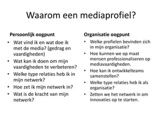 Waarom een mediaprofiel?
Persoonlijk oogpunt
• Wat vind ik en wat doe ik
met de media? (gedrag en
vaardigheden)
• Wat kan ik doen om mijn
vaardigheden te verbeteren?
• Welke type relaties heb ik in
mijn netwerk?
• Hoe zet ik mijn netwerk in?
• Wat is de kracht van mijn
netwerk?
Organisatie oogpunt
• Welke profielen bevinden zich
in mijn organisatie?
• Hoe kunnen we op maat
mensen professionaliseren op
mediavaardigheden.
• Hoe kan ik ontwikkelteams
samenstellen?
• Welke type relaties heb ik als
organisatie?
• Zetten we het netwerk in om
innovaties op te starten.
 