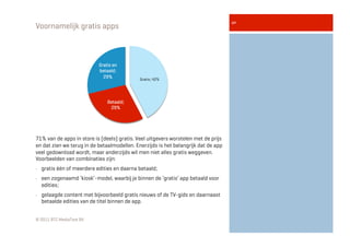 Voornamelijk gratis apps




                                                                                    5
                             Gratis en
                             betaald;
                               29%            Gratis; 42%




                                 Betaald;
                                  29%




71% van de apps in store is (deels) gratis. Veel uitgevers worstelen met de prijs
en dat zien we terug in de betaalmodellen. Enerzijds is het belangrijk dat de app
veel gedownload wordt, maar anderzijds wil men niet alles gratis weggeven.
Voorbeelden van combinaties zijn:
•    gratis één of meerdere edities en daarna betaald;
•    een zogenaamd ‘kiosk’-model, waarbij je binnen de ‘gratis’ app betaald voor
     edities;
•    gelaagde content met bijvoorbeeld gratis nieuws of de TV-gids en daarnaast
     betaalde edities van de titel binnen de app.


© 2011 BTC MediaTest BV
 
