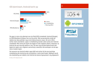 IOS domineert, Android komt op




                                                                                 8
                                                          100%
       IOS (iPad)                                       93%
                                                  82%


                          14%
Android (Google)                23%
                                                         In store
                                   31%
                                                         In ontwikkeling
                                                         Planning 2011
                        10%
RIM (Blackberry)      5%
                     3%




De apps in store zijn allemaal voor de iPad (IOS) ontwikkeld. Android (Google)
en RIM (Blackberry) blijven hier ver bij achter. Niet verwonderlijk omdat de
tablets van deze partijen nog in de kinderschoenen staan. Dit zal in 2011
echter sterk veranderen; apps in ontwikkeling worden vaker (ook) voor Android
ontwikkeld. Met name de macht van Apple zit veel uitgevers dwars, waardoor zij
Android als een kansrijk platform zien. Dit was nog voordat bekend werd dat
Apple de regels voor uitgevers aanscherpt, waardoor alle aankopen via de app-
store moeten lopen.
De toename van Android tablet-apps blijft wel achter bij de stormachtige
ontwikkeling die Android op de smartphone-markt doormaakt. Blijkbaar wordt
de ontwikkeling van tablets met Android als besturingssysteem nog afgewacht.
© 2011 BTC MediaTest BV
 