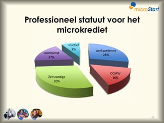 Professioneel statuut voor het
microkrediet
Inactief
9%
Loondienst
17%

Zelfstandige
30%

werkzoekende
28%

OCMW
16%

26

 
