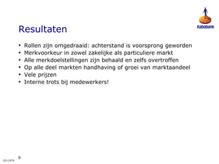 Resultaten Rollen zijn omgedraaid: achterstand is voorsprong geworden Merkvoorkeur in zowel zakelijke als particuliere markt Alle merkdoelstellingen zijn behaald en zelfs overtroffen Op alle deel markten handhaving of groei van marktaandeel Vele prijzen Interne trots bij medewerkers! 