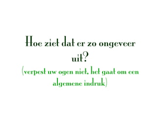 Hoe ziet dat er zo ongeveer
            uit?
(verpest uw ogen niet, het gaat om een
          algemene indruk)
 