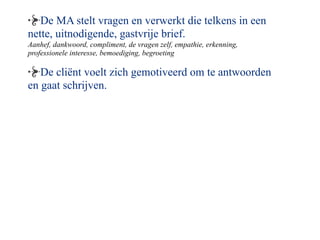 De MA stelt vragen en verwerkt die telkens in een
nette, uitnodigende, gastvrije brief.
Aanhef, dankwoord, compliment, de vragen zelf, empathie, erkenning,
professionele interesse, bemoediging, begroeting

   De cli?nt voelt zich gemotiveerd om te antwoorden
en gaat schrijven.
 