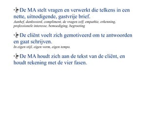 De MA stelt vragen en verwerkt die telkens in een
nette, uitnodigende, gastvrije brief.
Aanhef, dankwoord, compliment, de vragen zelf, empathie, erkenning,
professionele interesse, bemoediging, begroeting

   De cli?nt voelt zich gemotiveerd om te antwoorden
en gaat schrijven.
In eigen stijl, eigen vorm, eigen tempo.

  De MA houdt zich aan de tekst van de cli?nt, en
houdt rekening met de vier fasen.
 