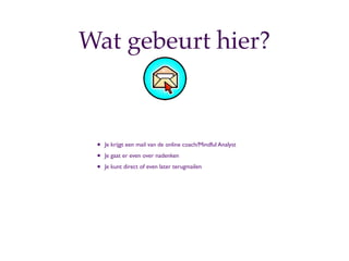 Wat gebeurt hier?



 ?   Je krijgt een mail van de online coach/Mindful Analyst

 ?   Je gaat er even over nadenken

 ?   Je kunt direct of even later terugmailen
 