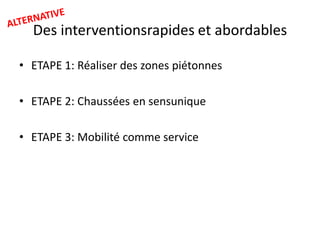 Des interventionsrapides et abordables
• ETAPE 1: Réaliser des zones piétonnes
• ETAPE 2: Chaussées en sensunique

• ETAPE 3: Mobilité comme service

 