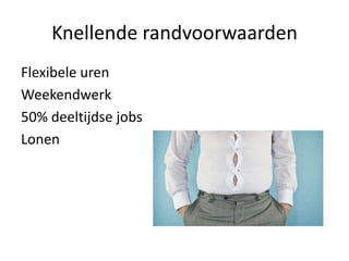 Knellende randvoorwaarden
Flexibele uren
Weekendwerk
50% deeltijdse jobs
Lonen
 