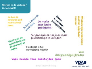 Werken in de verkoop?
Ja, toch wel!!




                                                                        vervoer
                                                                        met het openbaar
                                                                        Winkels zijn te bereiken
    Je kan de
    kinderen zelf
    naar school                 Je werkt
    doen                        met leuke
                                producten

                        Een leerschool om je ooit als
                        zelfstandige te vestigen


                    Flexibiliteit in het
                    uurrooster is mogelijk
                                                                            Vele
                                                          doorgroeimogelijkheden
        Veel ruimte voor deeltijdse jobs

                             Snel aan het werk in de verkoop
 